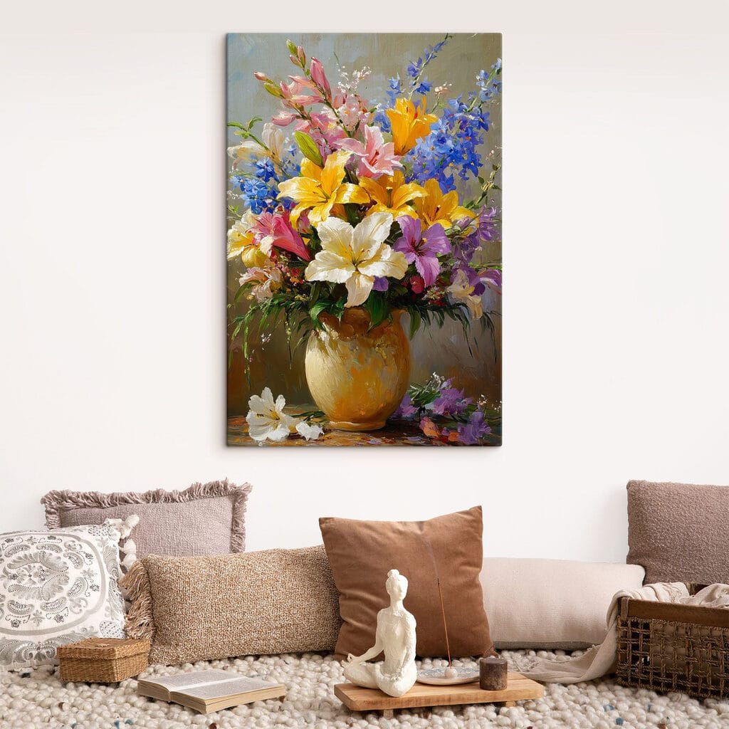 Gemengd boeket in okervaas — interieur 1
