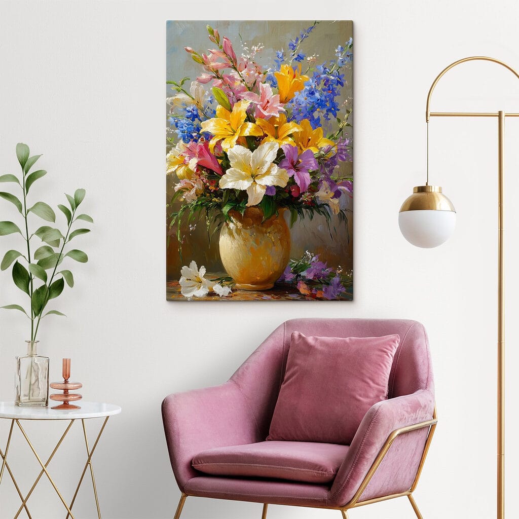 Gemengd boeket in okervaas — interieur 2