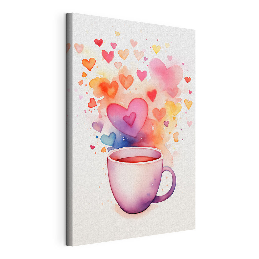 Hartjes boven roze kopje, gespannen canvas met doorlopende rand