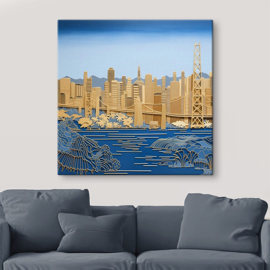 Gouden brug boven havenwater — interieur 1