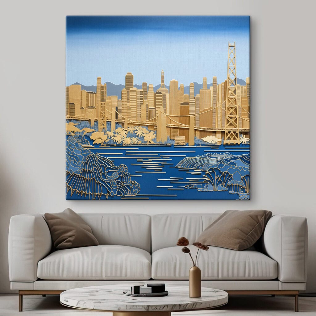 Gouden brug boven havenwater — interieur 2