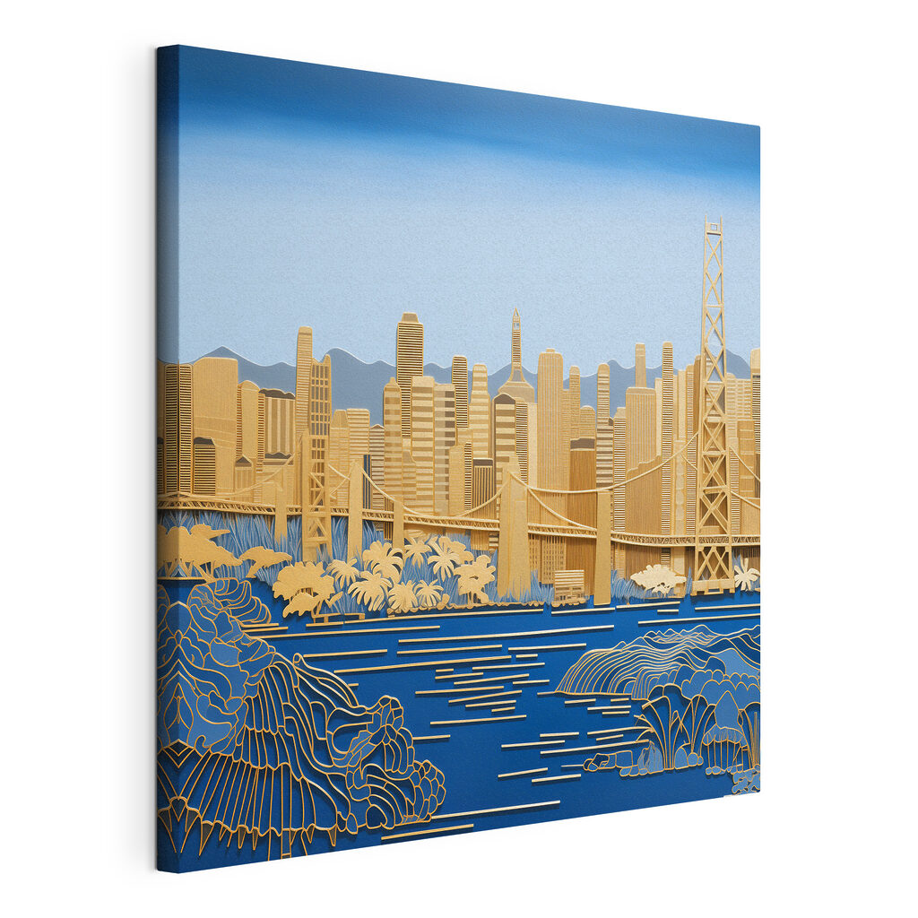 Gouden brug boven havenwater, gespannen canvas met doorlopende rand
