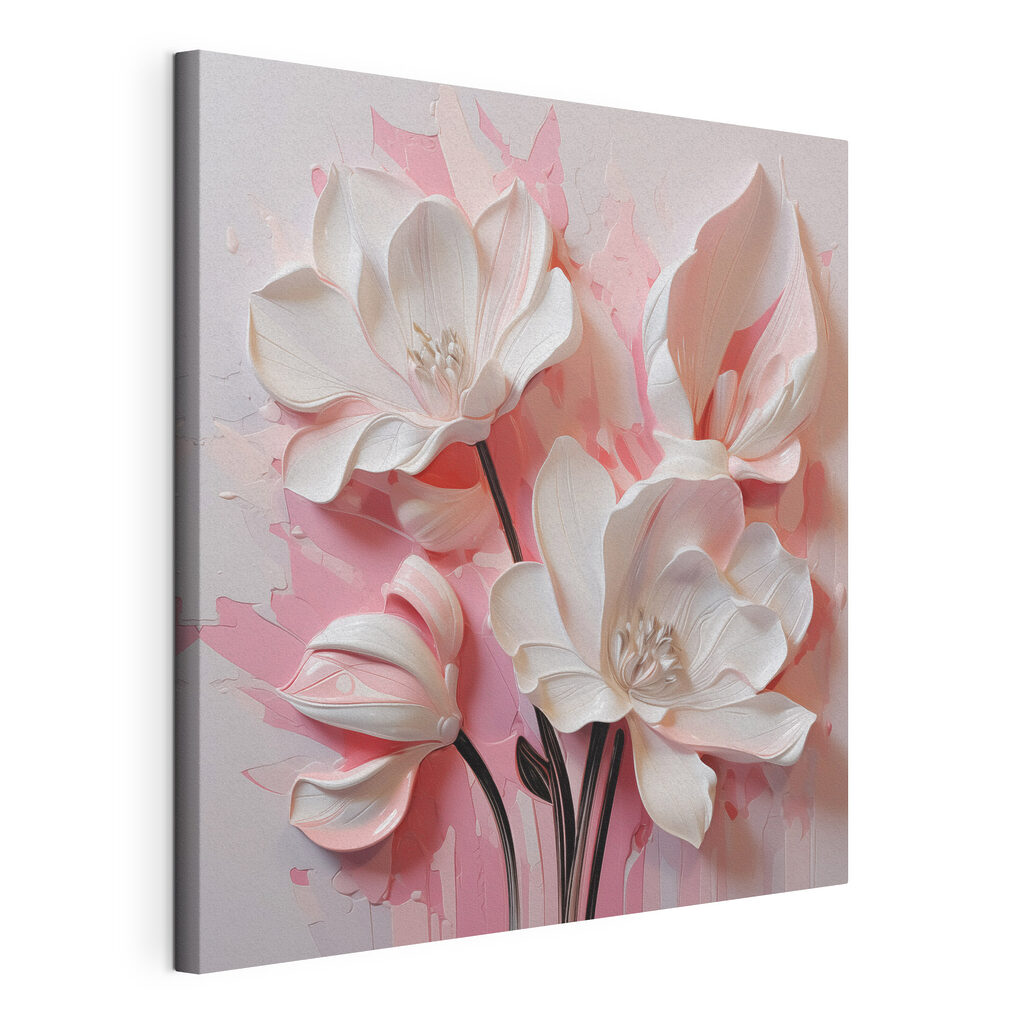 Witte bloemen op felroze, gespannen canvas met doorlopende rand