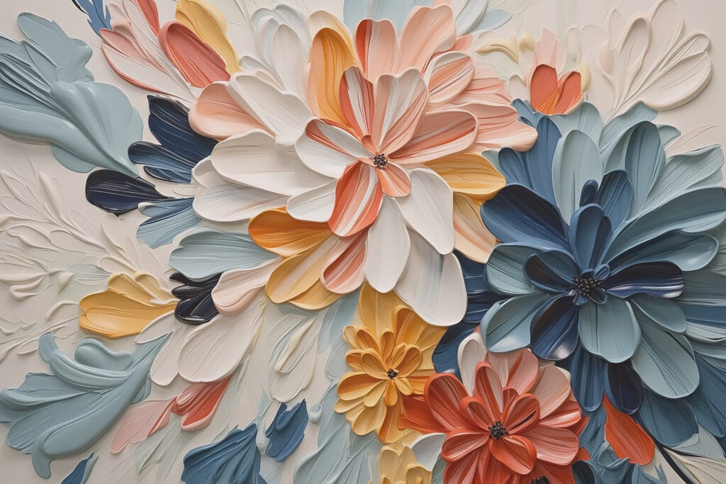 Bloemen, koraalrood en blauw — volledig ontwerp