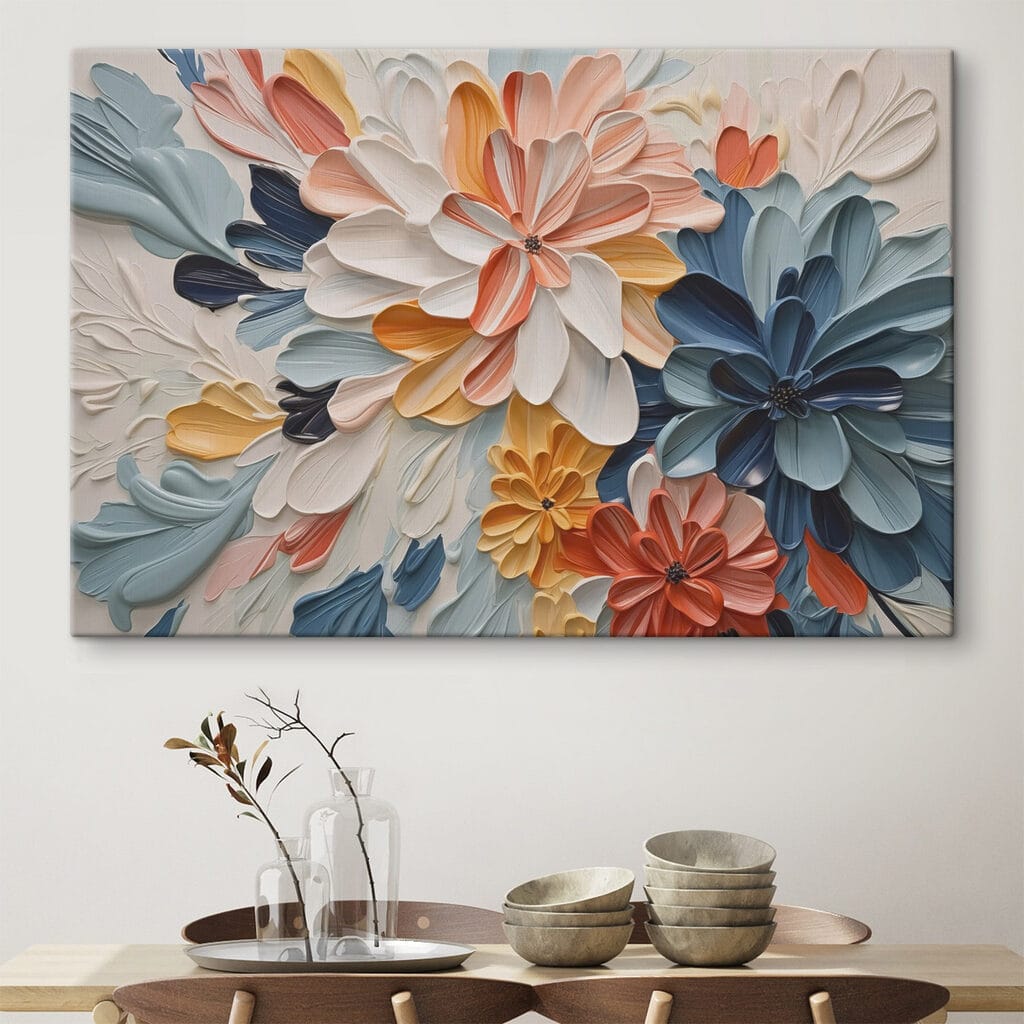 Bloemen, koraalrood en blauw — interieur 1