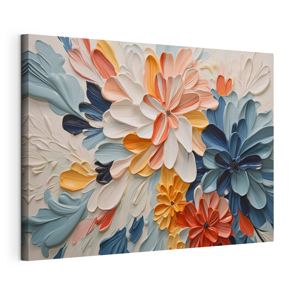 Bloemen, koraalrood en blauw, gespannen canvas met doorlopende rand