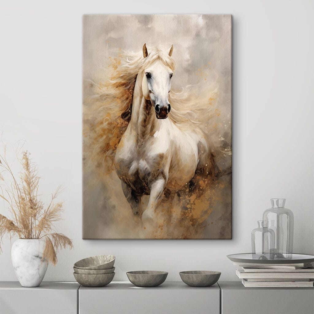 Schilderij van een wit paard met lange manen in een interieur
