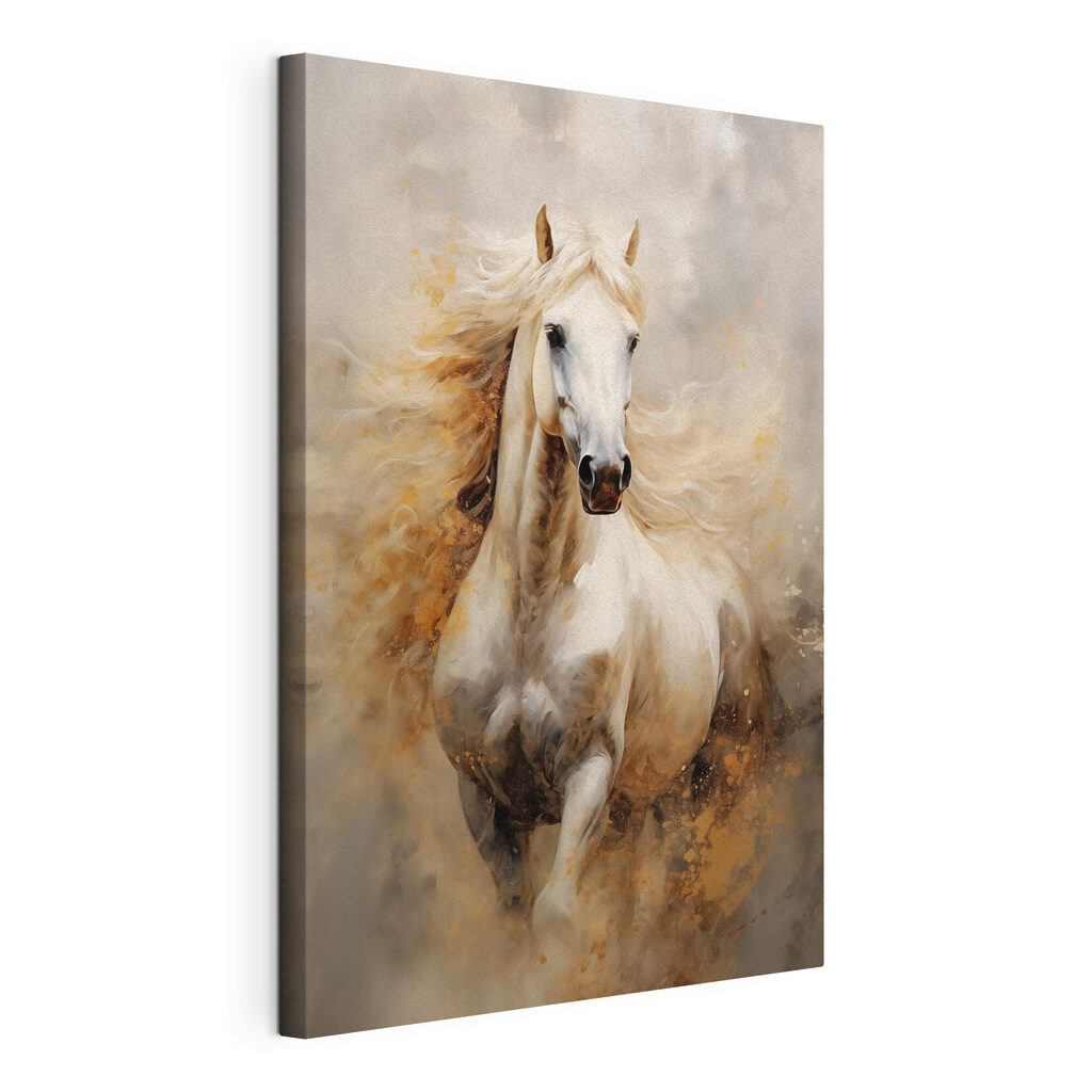 Wit paard in stofgloed, gespannen canvas met doorlopende rand