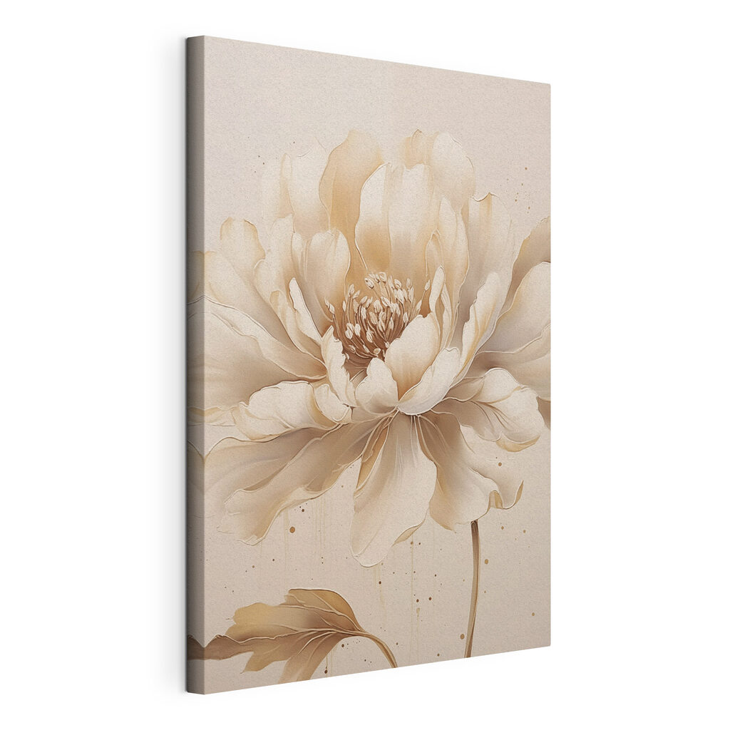 Beige pioen met inktsporen, gespannen canvas met doorlopende rand
