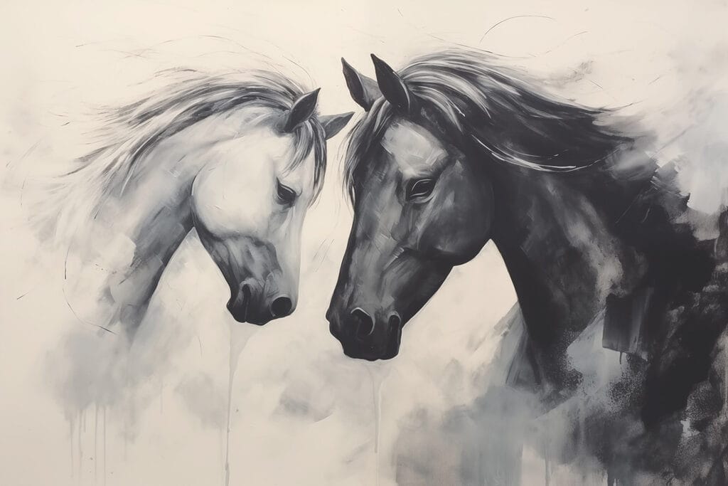 Twee paarden in grijsnevel — volledig ontwerp