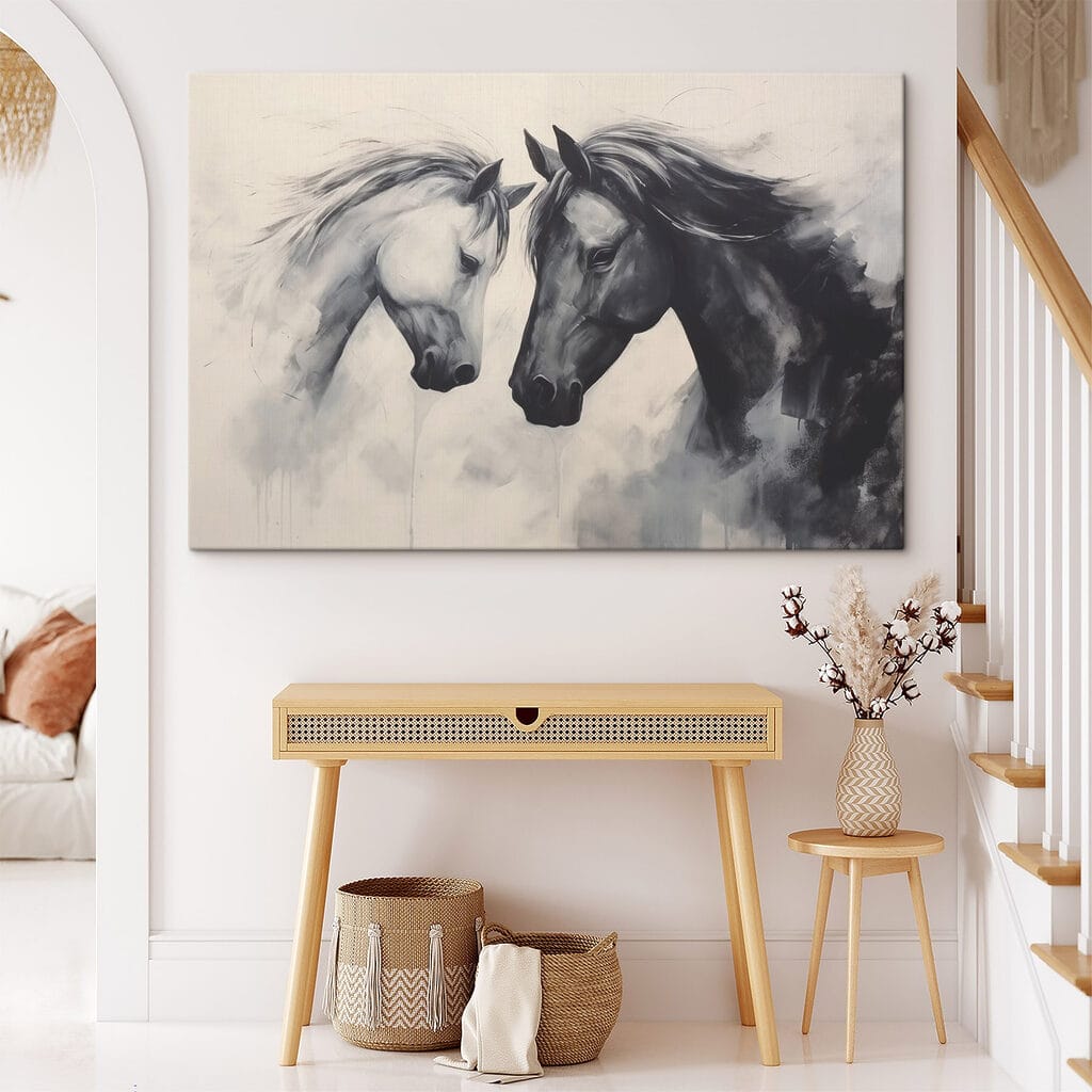 Twee paarden in grijsnevel — interieur 1