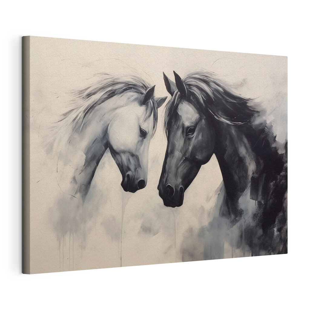 Twee paarden in grijsnevel, gespannen canvas met doorlopende rand