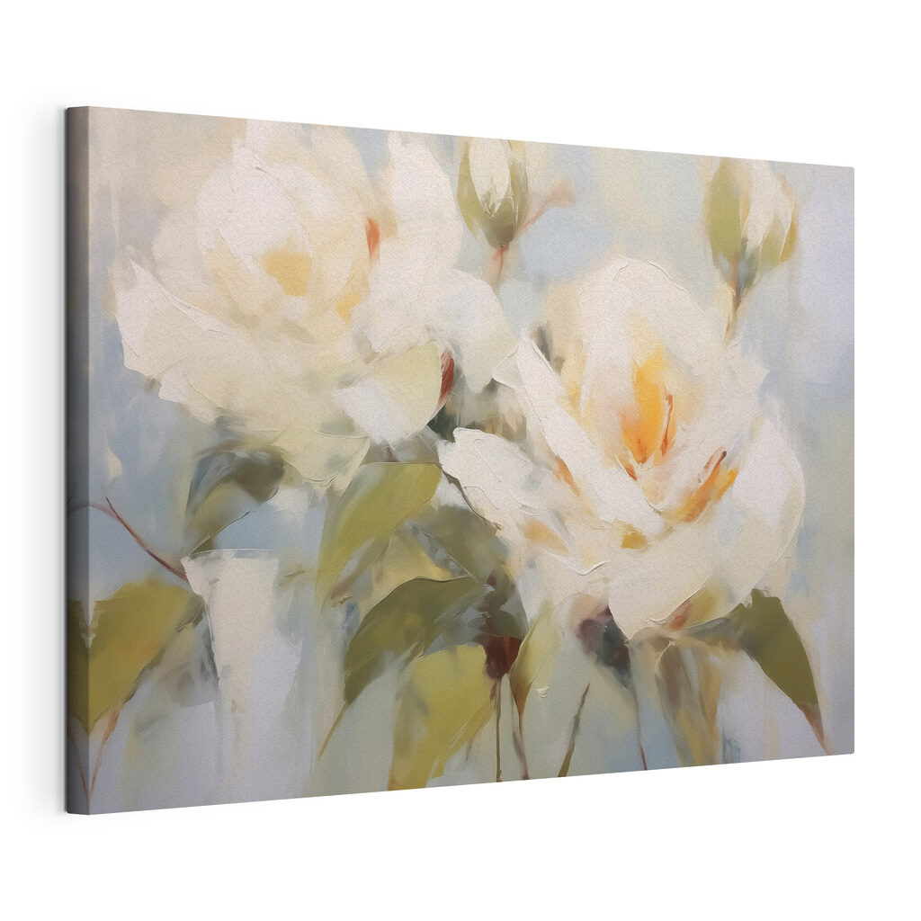 Roomwitte rozen in lichtstreken, gespannen canvas met doorlopende rand