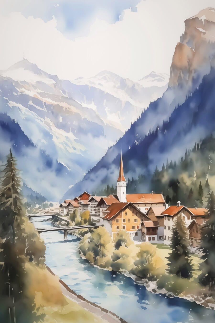 Alpendorp langs blauwe rivier — volledig ontwerp