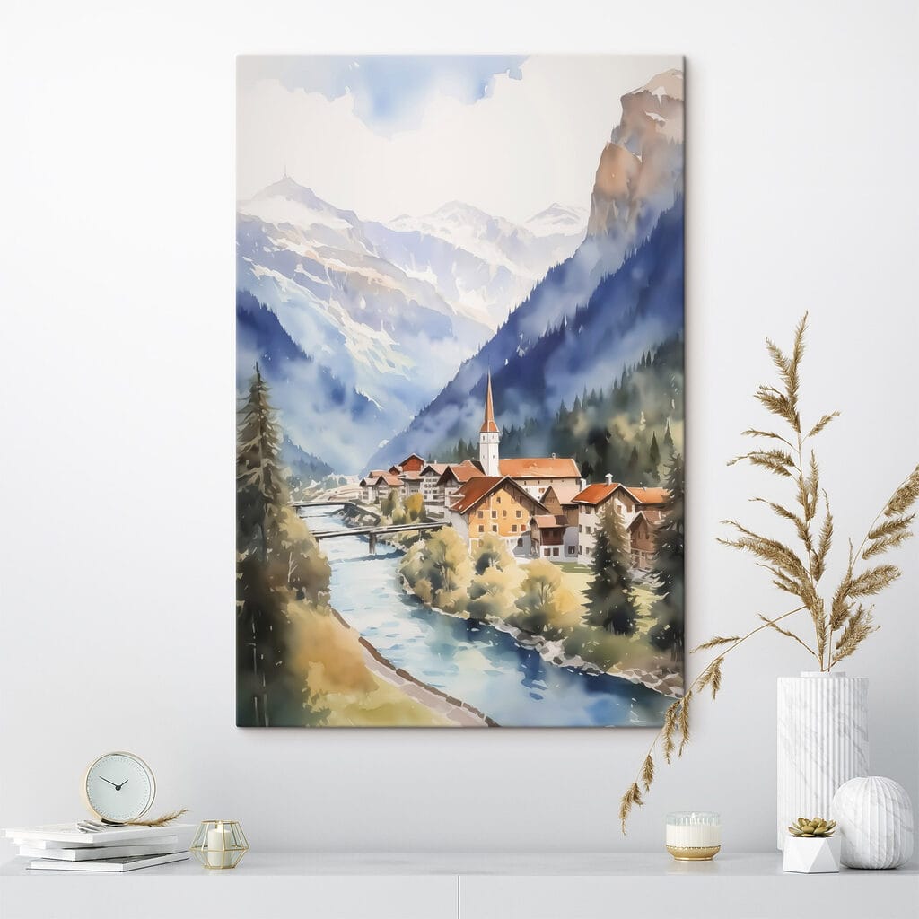 Alpendorp langs blauwe rivier — interieur 1