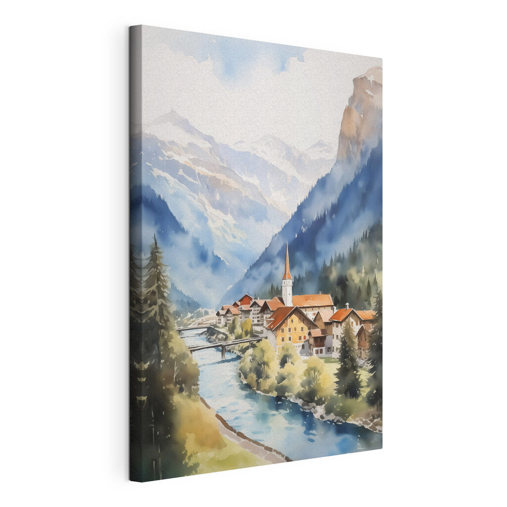 Alpendorp langs blauwe rivier, gespannen canvas met doorlopende rand