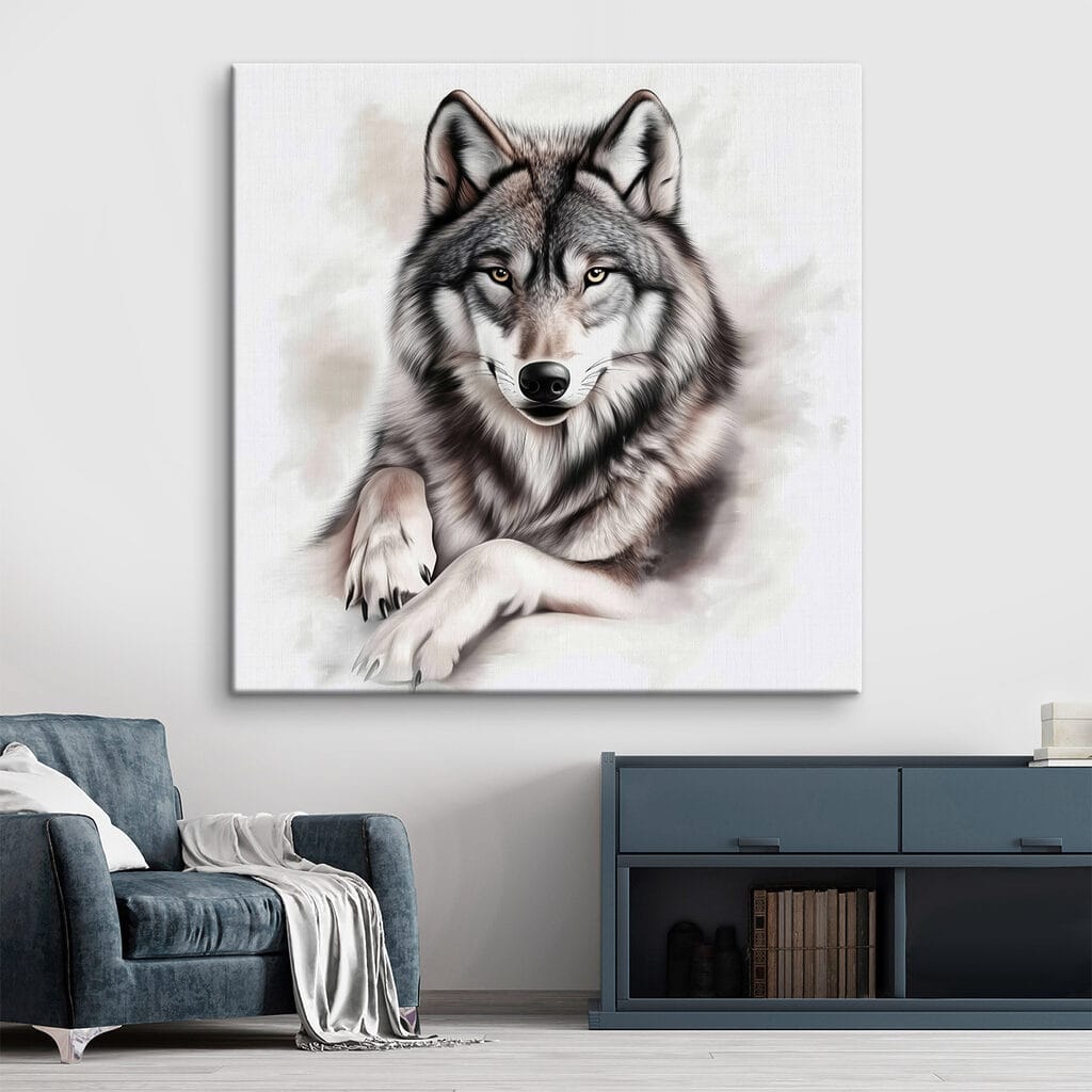 Wolf met uitgestrekte voorpoten in een interieur