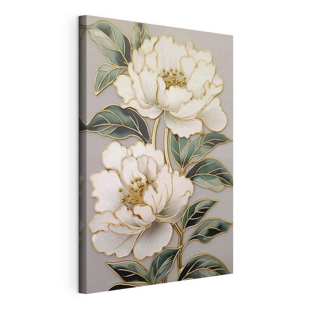 Roomwitte bloemen met goudomtrek, gespannen canvas met doorlopende rand