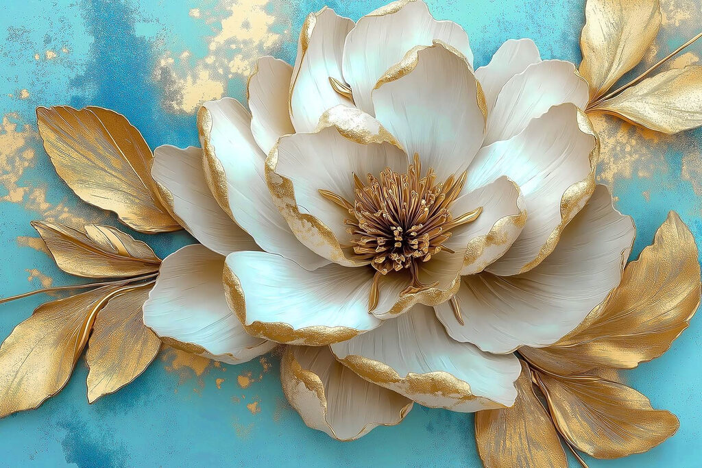 Roomwitte bloem op turquoise — volledig ontwerp