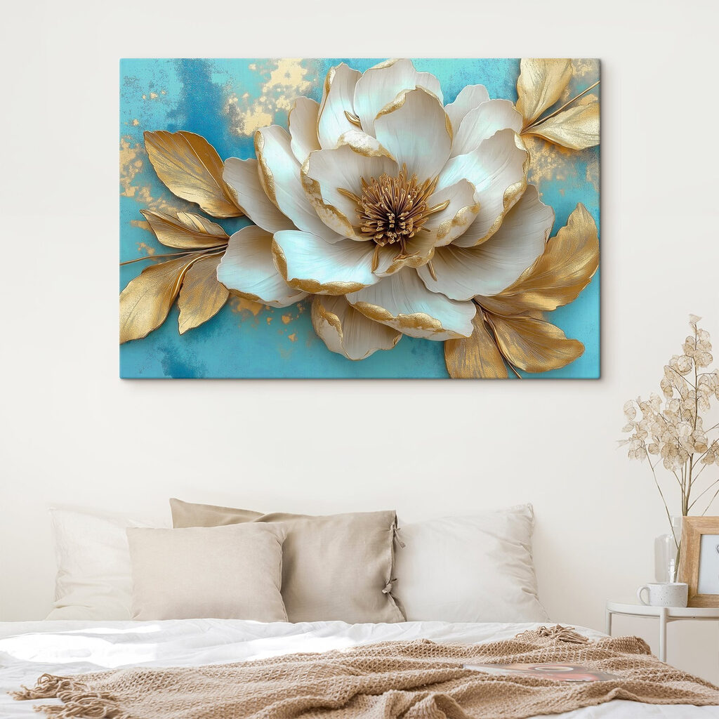 Roomwitte bloem op turquoise — interieur 1