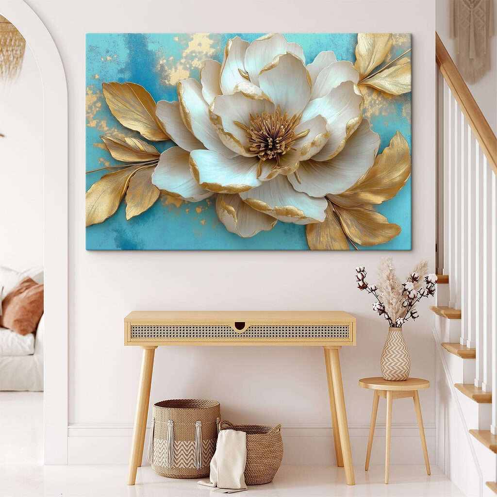 Roomwitte bloem op turquoise — interieur 2