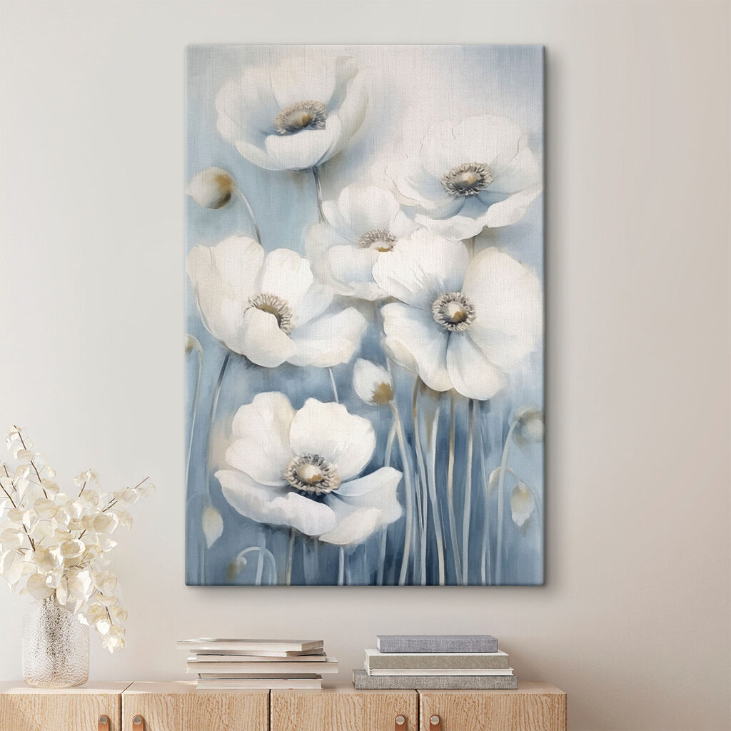 Witte bloemen op stelen — interieur 1
