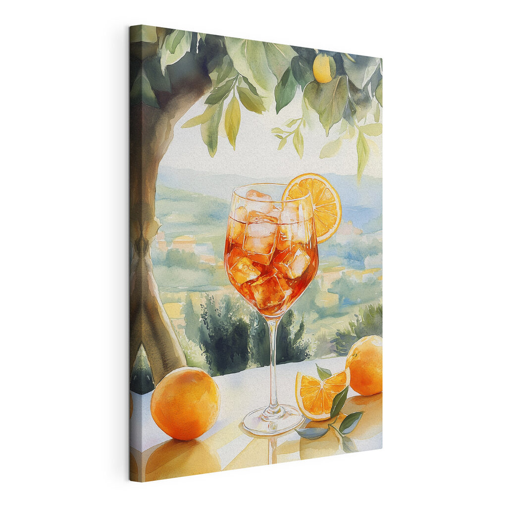 Oranjecocktail boven groene heuvels, gespannen canvas met doorlopende rand