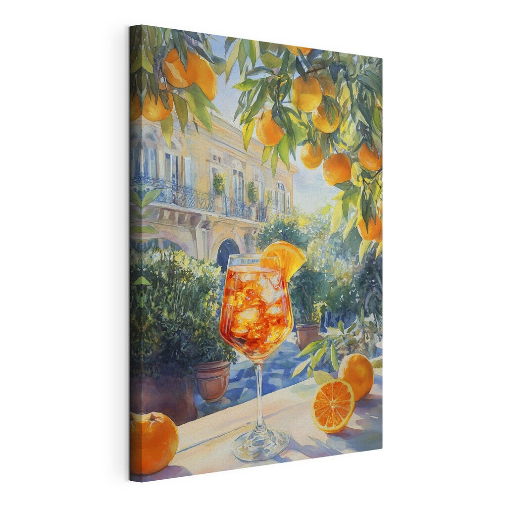 Oranje aperitief bij tuinvilla, gespannen canvas met doorlopende rand