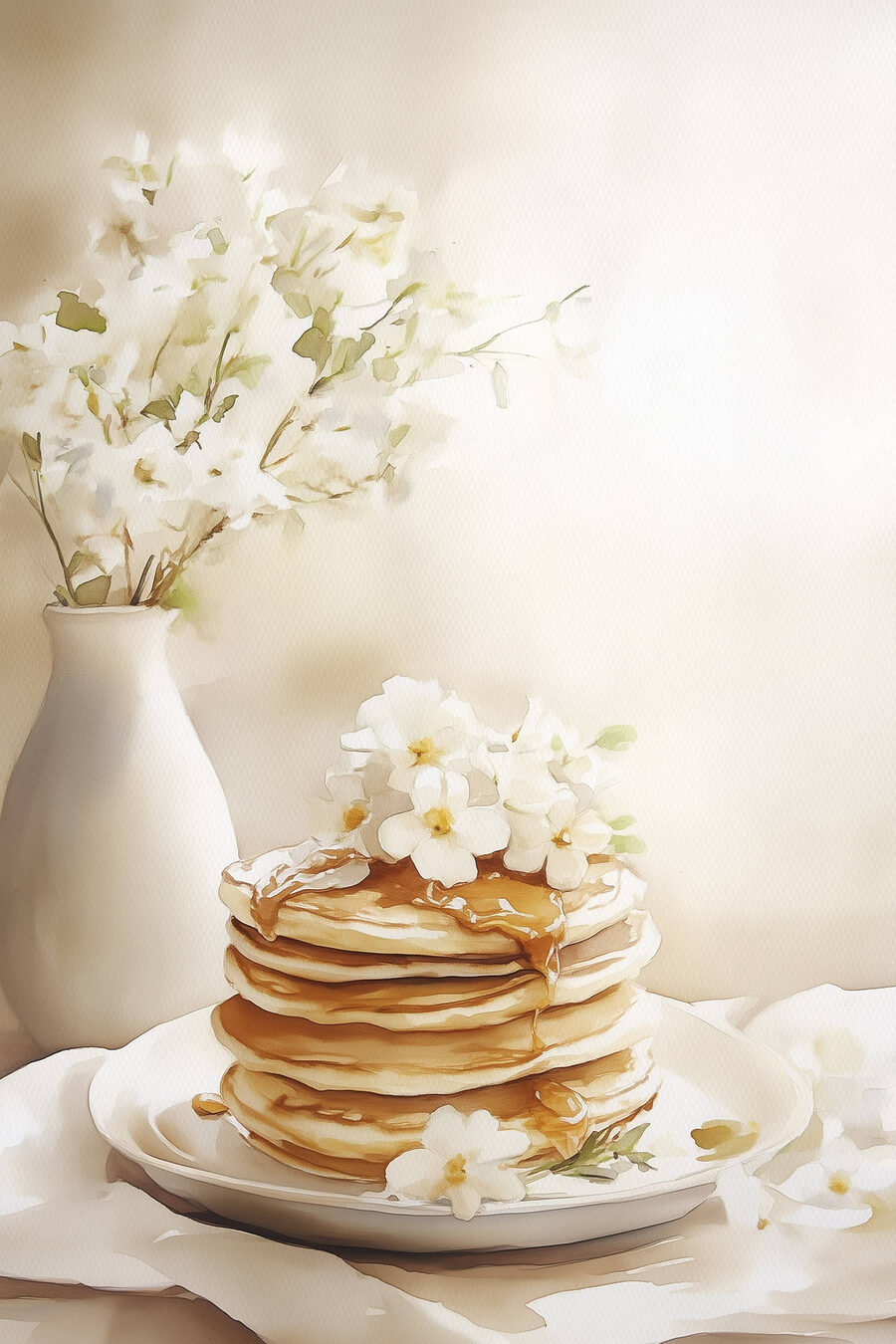 Pannenkoeken tussen witte bloemen — volledig ontwerp