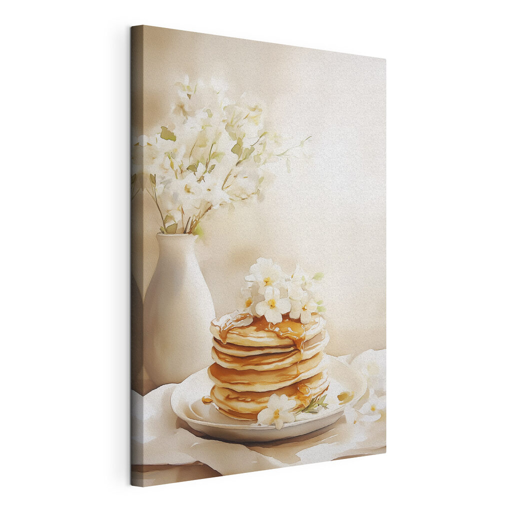 Pannenkoeken tussen witte bloemen, gespannen canvas met doorlopende rand