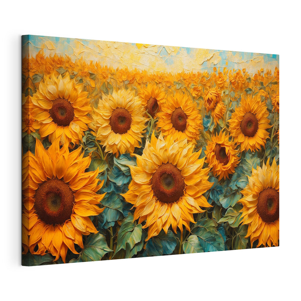 Zonnebloemen tot de horizon, gespannen canvas met doorlopende rand