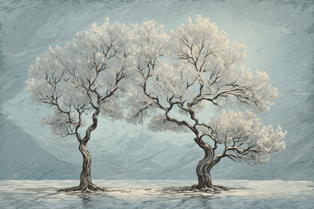 Twee bomen in winterblauw — volledig ontwerp