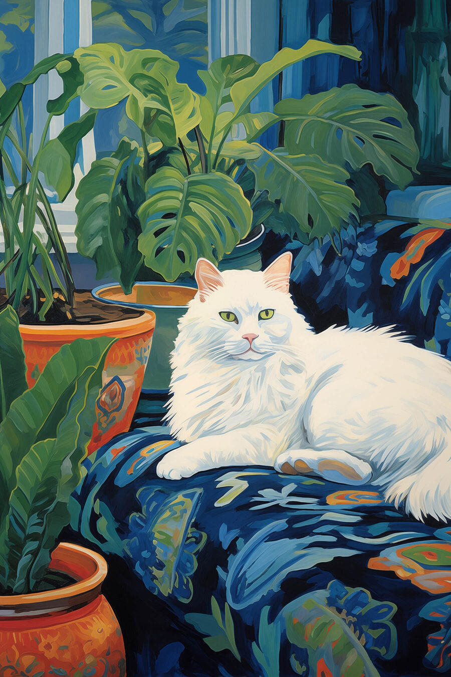 Witte kat tussen kamerplanten — volledig ontwerp