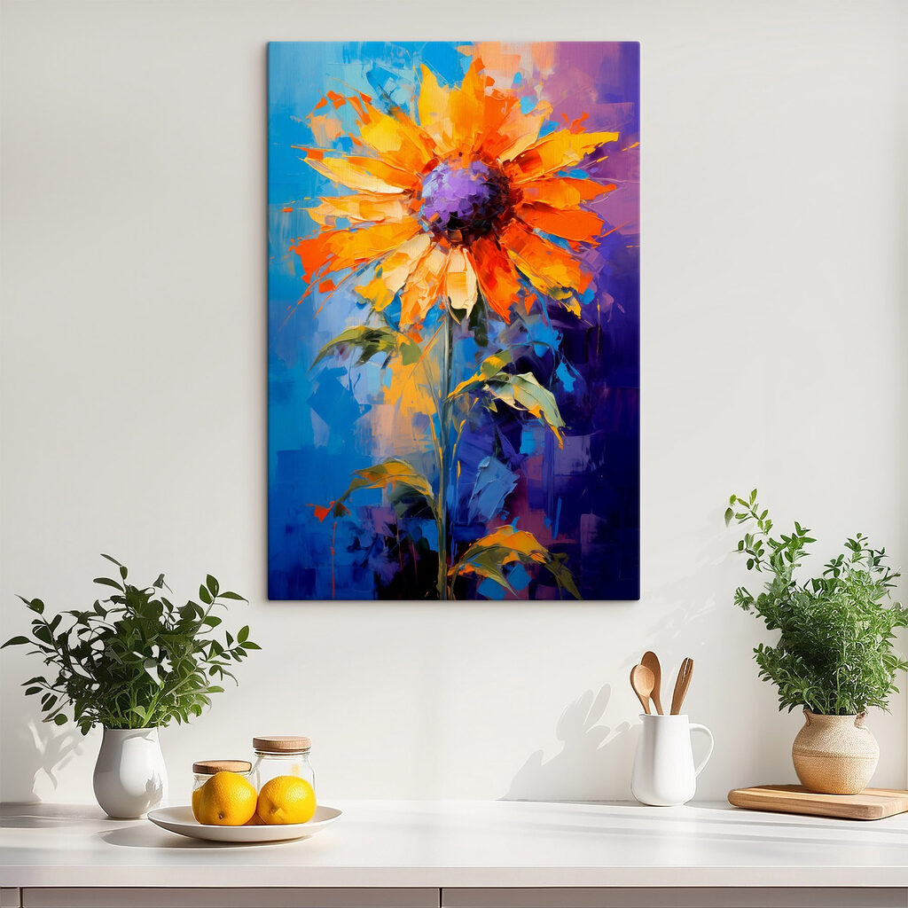 Zonnebloem tussen kobaltblauwe toetsen — interieur 1