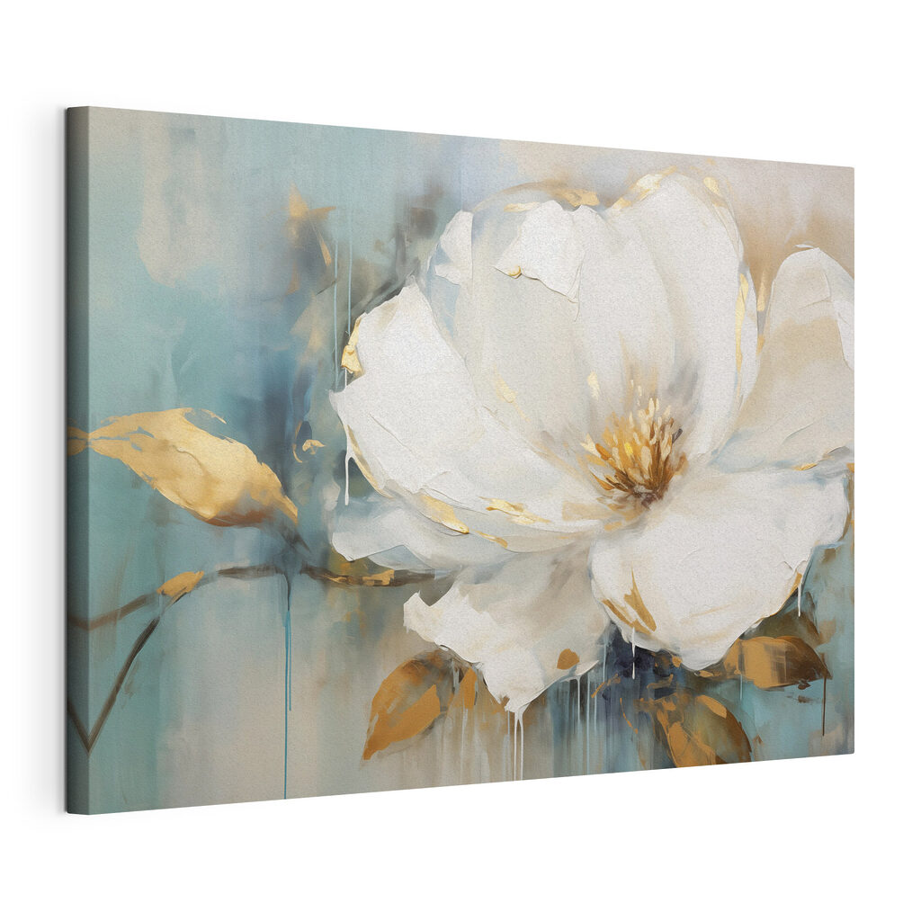 Witte bloem op zeegroen, gespannen canvas met doorlopende rand
