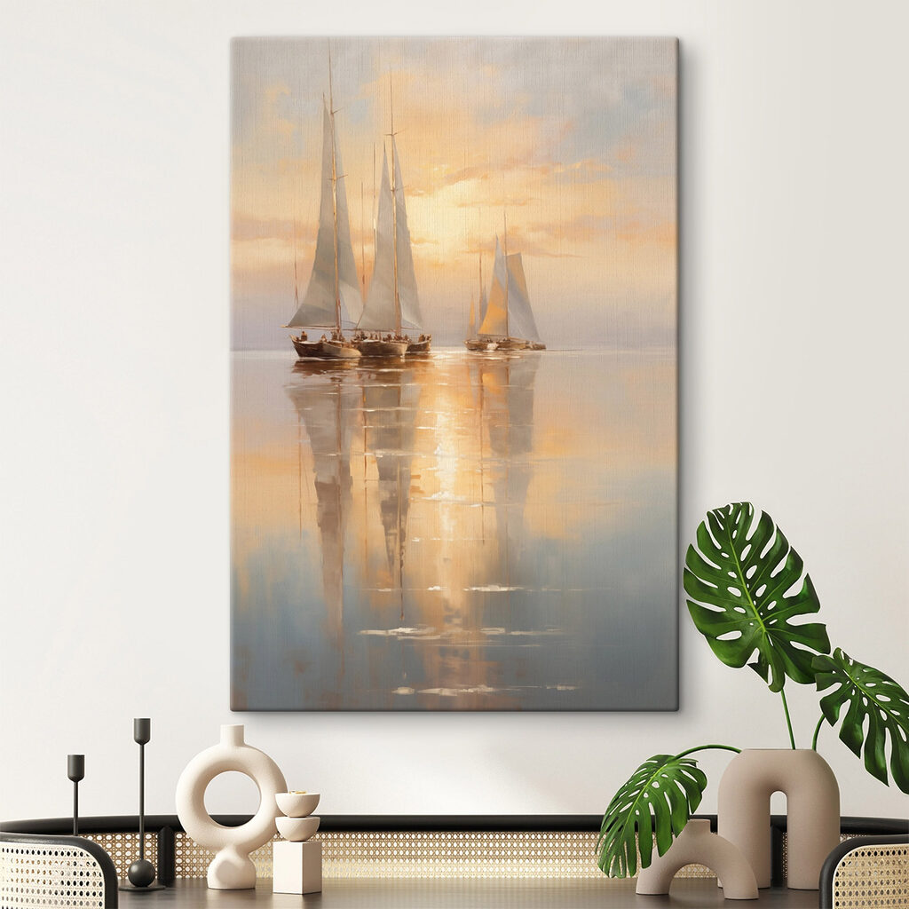 Groep zeilboten op een waterlichaam in een interieur