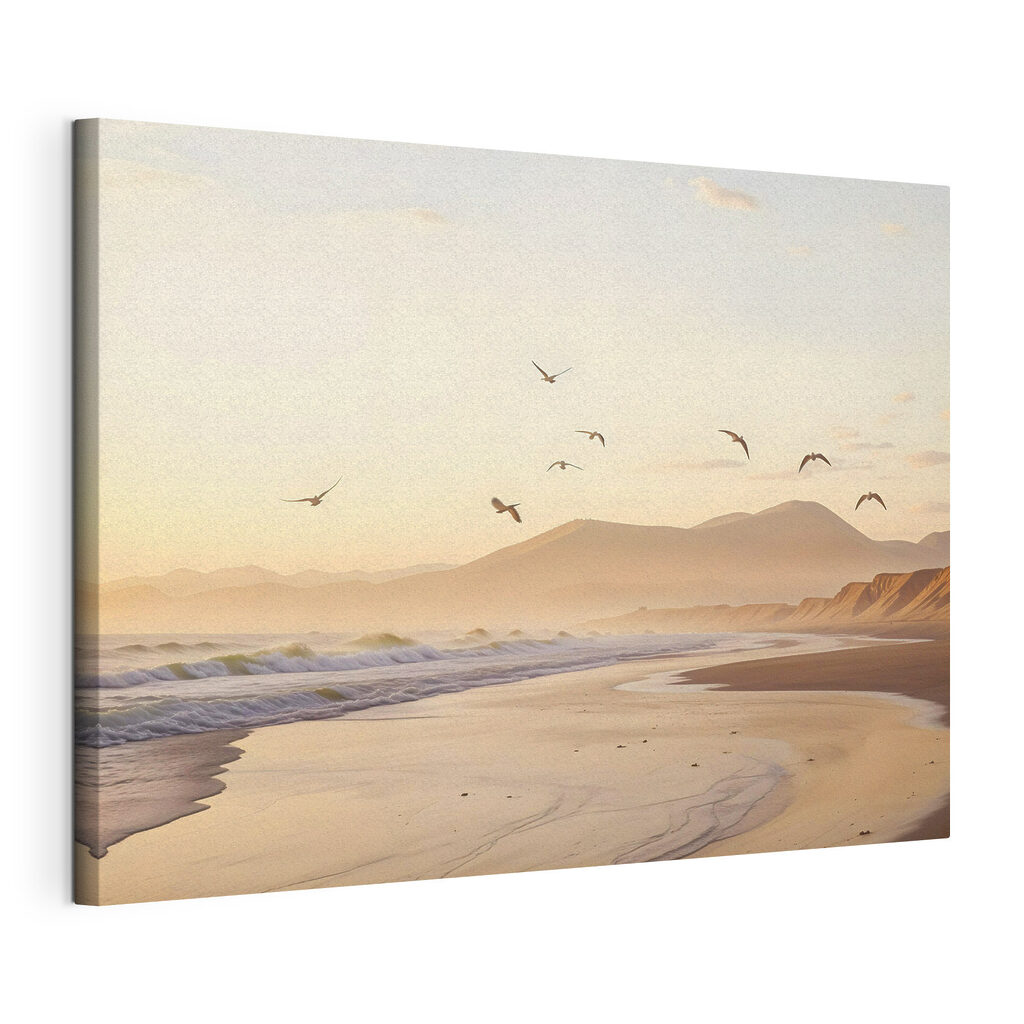 Vogels boven het ochtendstrand, gespannen canvas met doorlopende rand
