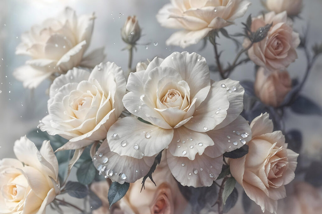 Roomwitte rozen met druppels — volledig ontwerp