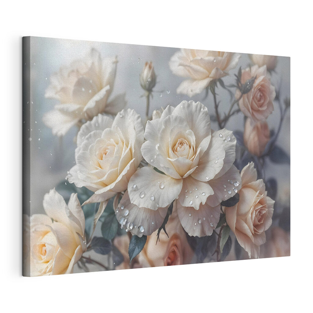 Roomwitte rozen met druppels, gespannen canvas met doorlopende rand