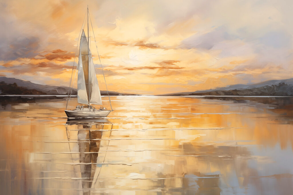 Eenzame zeilboot in avondgoud — volledig ontwerp