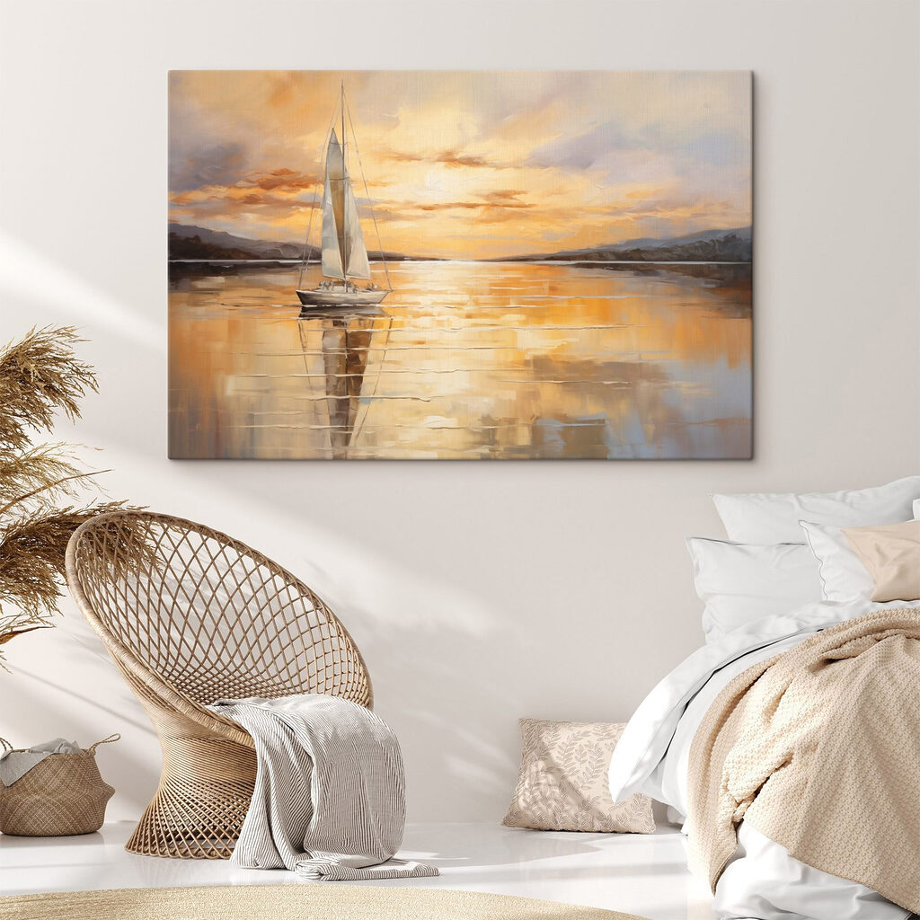 Schilderij van een zeilboot op een rustig meer in een interieur