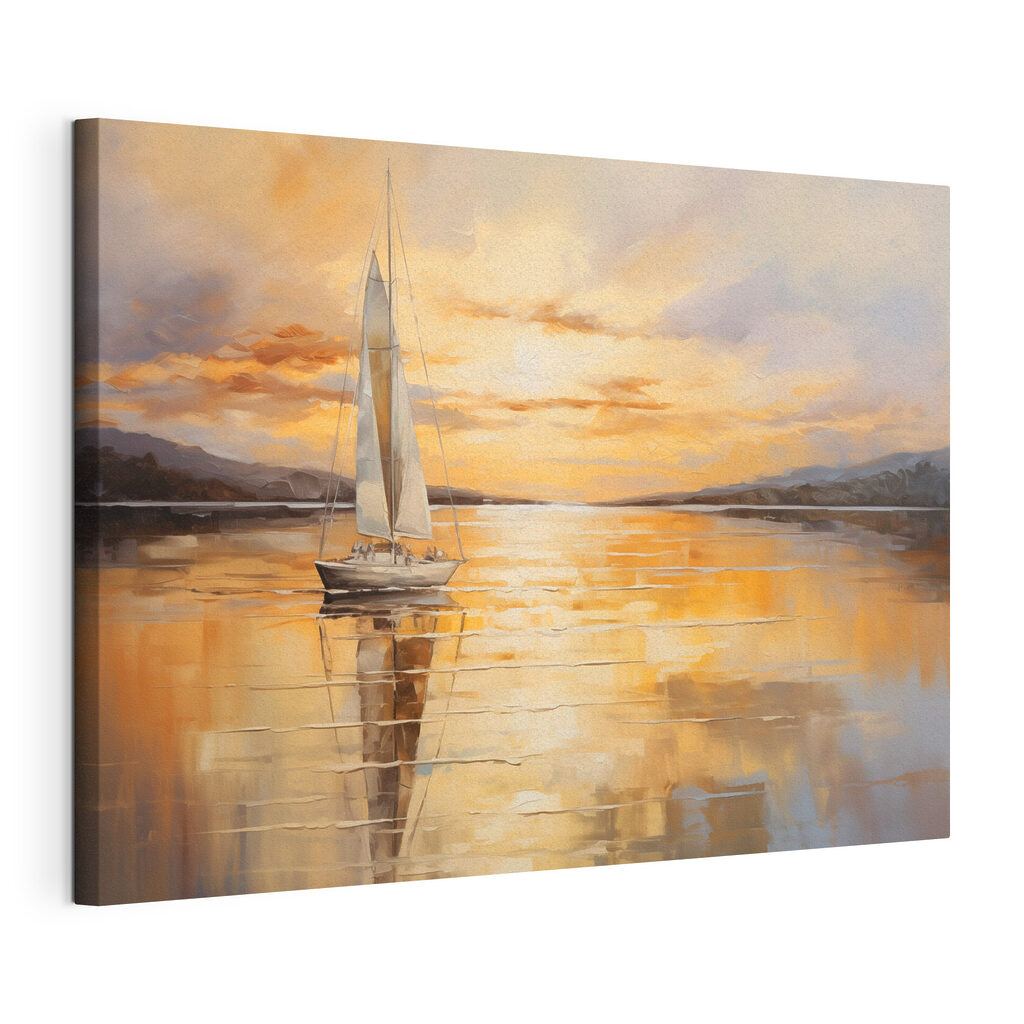 Eenzame zeilboot in avondgoud, gespannen canvas met doorlopende rand
