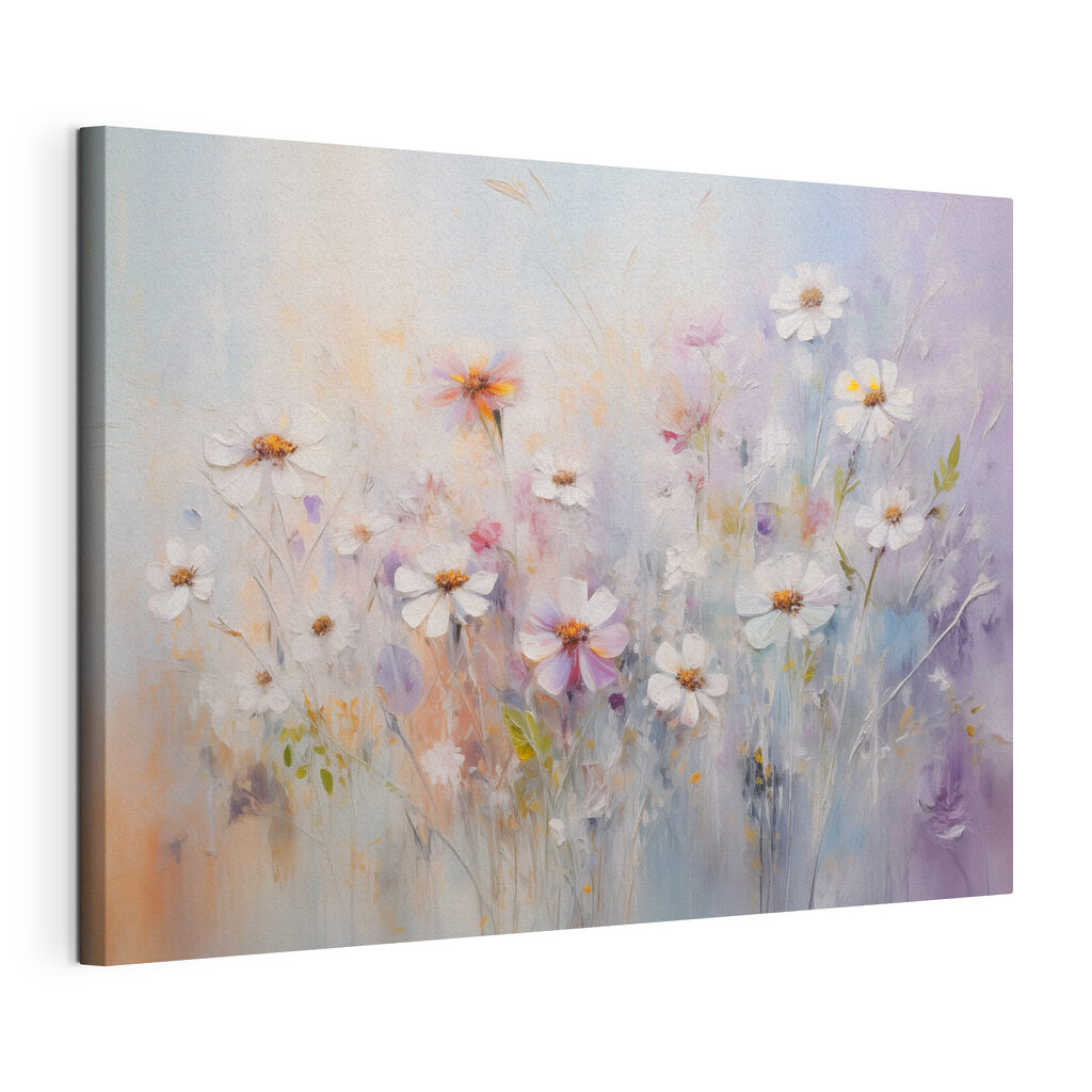 Margrieten in lila lichtvegen, gespannen canvas met doorlopende rand