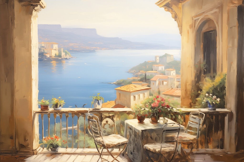 Zonnig balkon boven kustbaai — volledig ontwerp