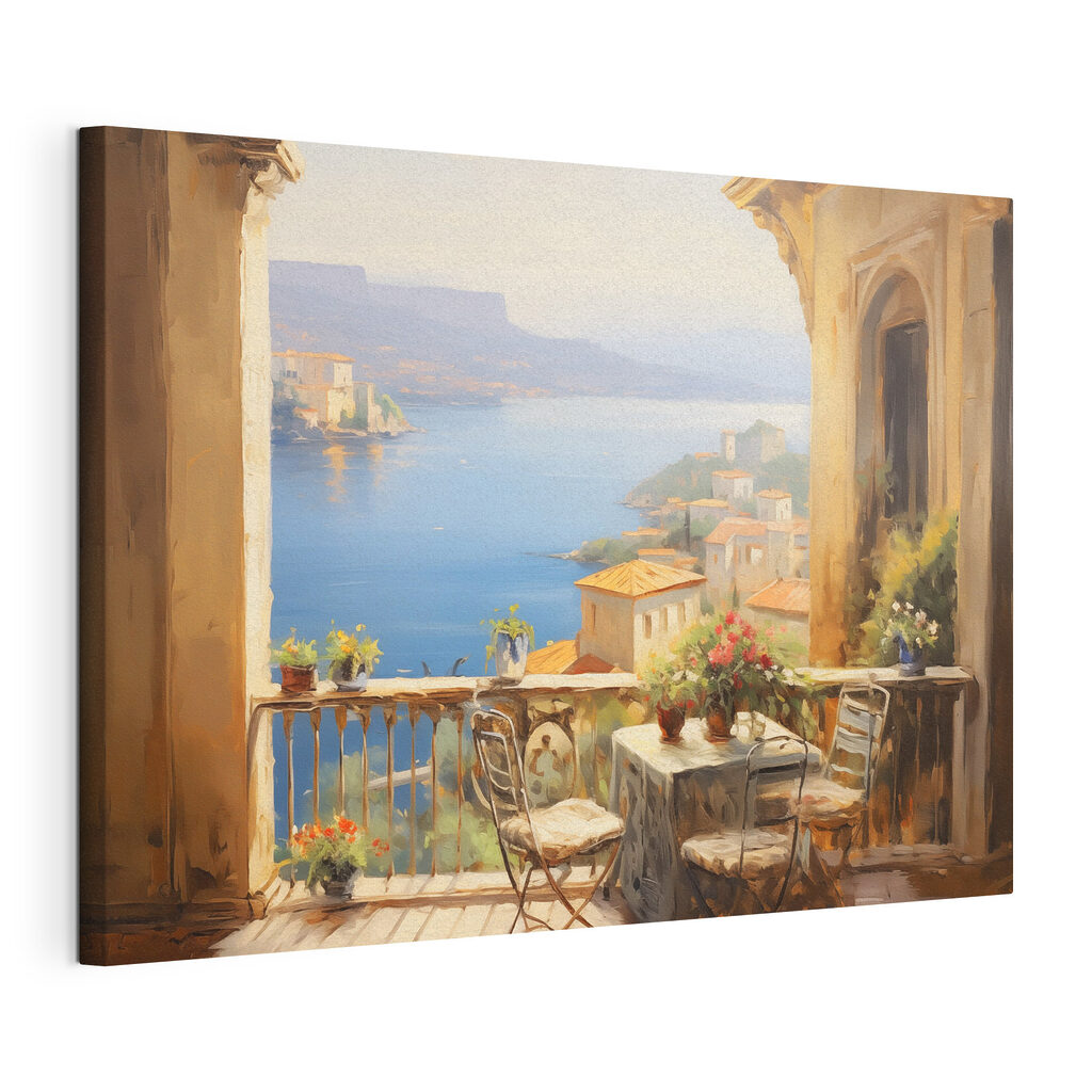 Zonnig balkon boven kustbaai, gespannen canvas met doorlopende rand