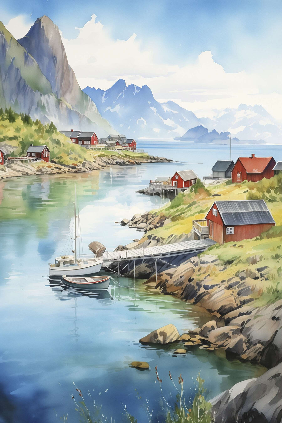 Rode huisjes langs bergwater — volledig ontwerp