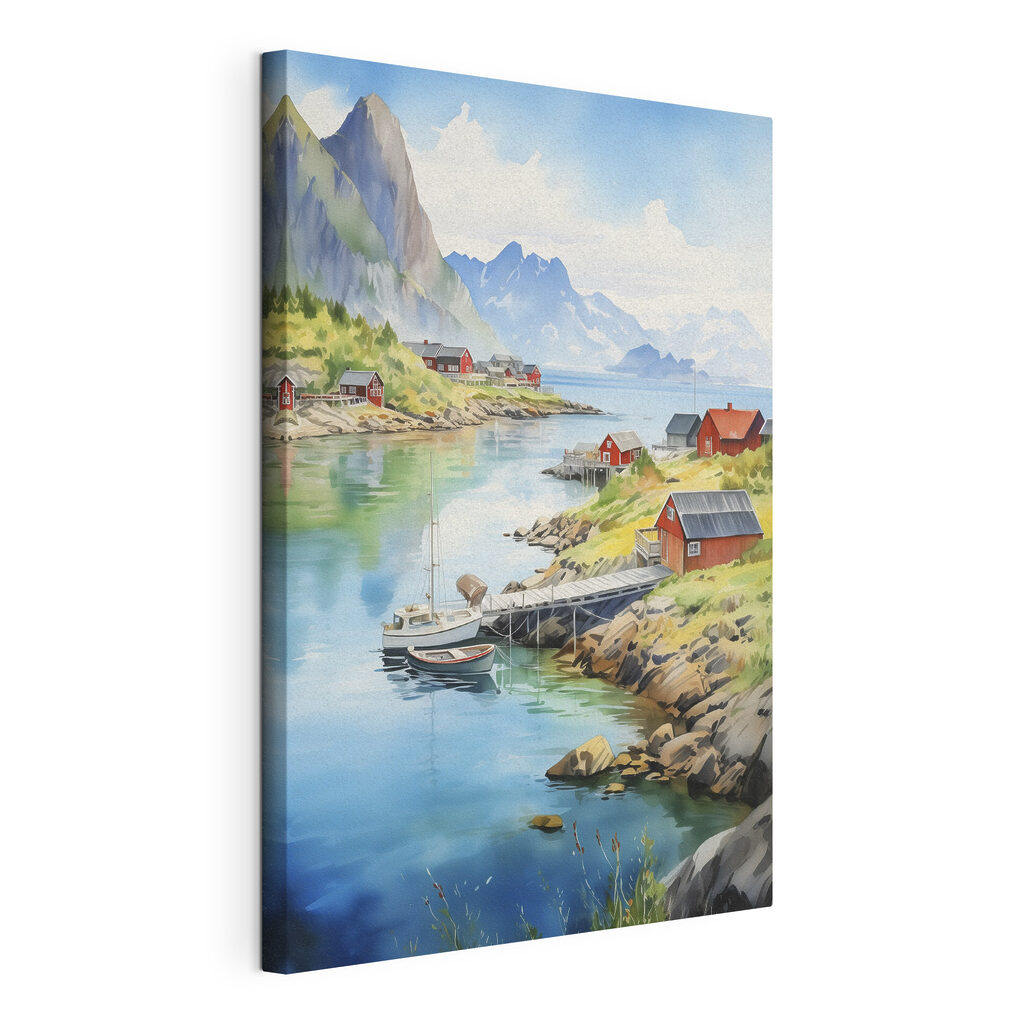 Rode huisjes langs bergwater, gespannen canvas met doorlopende rand