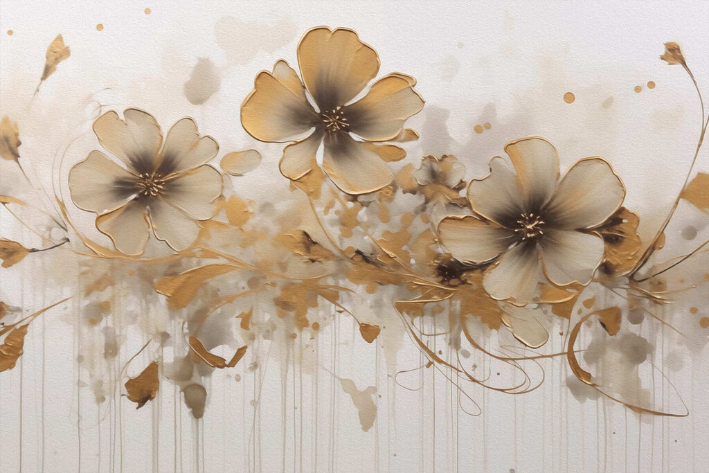 Goudbruine bloemen met lijnkrullen — volledig ontwerp
