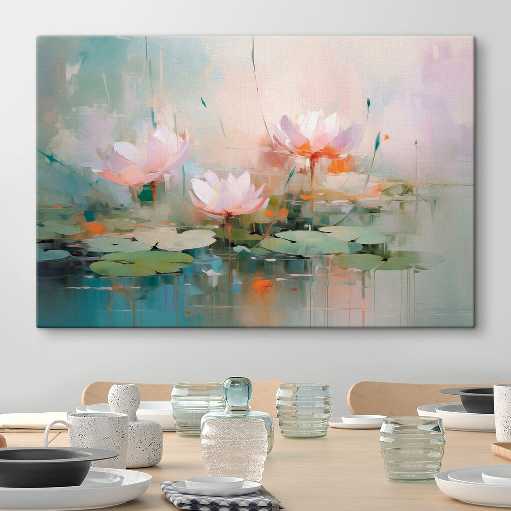 Schilderij van bloemen op water in een interieur
