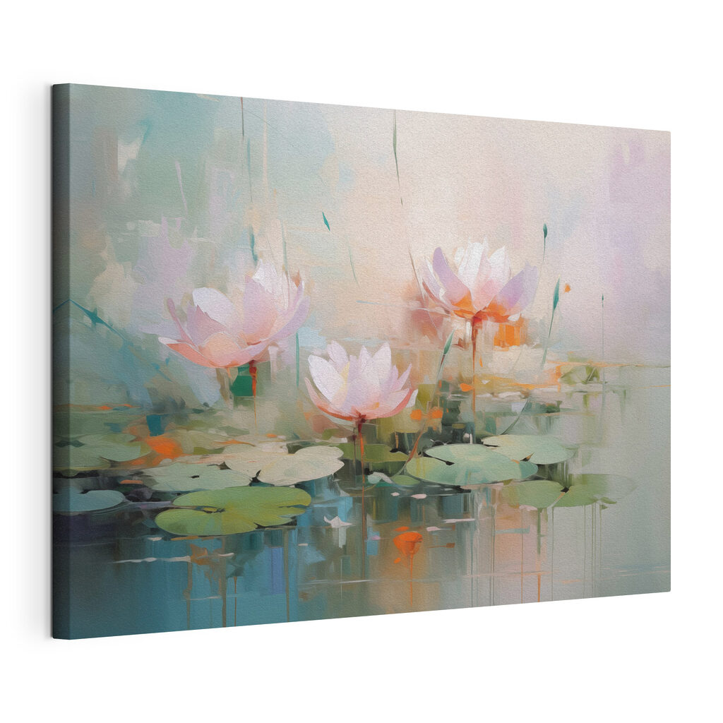 Roze waterlelies in pastellicht, gespannen canvas met doorlopende rand